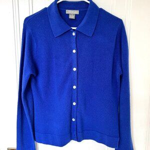 Vintage Cobalt Blue Button-up Collared Acrylic Cardigan Sweater with MOP Buttons